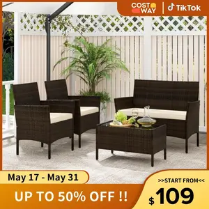 COSTWAY Outdoor Patio Rattan Furniture, 2/3/4 Pieces Sofa Set with Cushions & Coffee Table, Modern Patented Wicker Loveseat-Deals for You Days