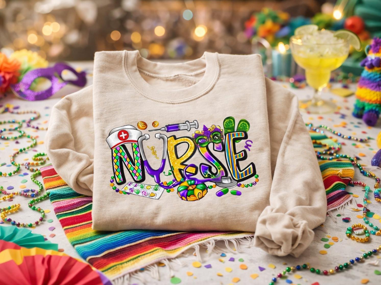 Mardi Gras Nurse Sweatshirt – Hoodie – TShirt, Margi Gras TShirt, Mardi Gras Nurse Gift, Nurse Sweatshirt, Fat Tuesday Shirt, New Orleans Mardi Gras Shirt