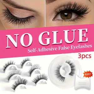 3 Pairs Of Strong Adhesive False Eyelashes, No Glue, 3D Natural Thickening, Natural Cross Style Fairy Hair, Natural Lengthening Style, Easy To Wear And Reusable False Eyelashes