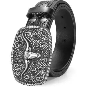 Western Belt for Men Women Cowboy Engraved Belt Western Buckle Embossed Leather Belt