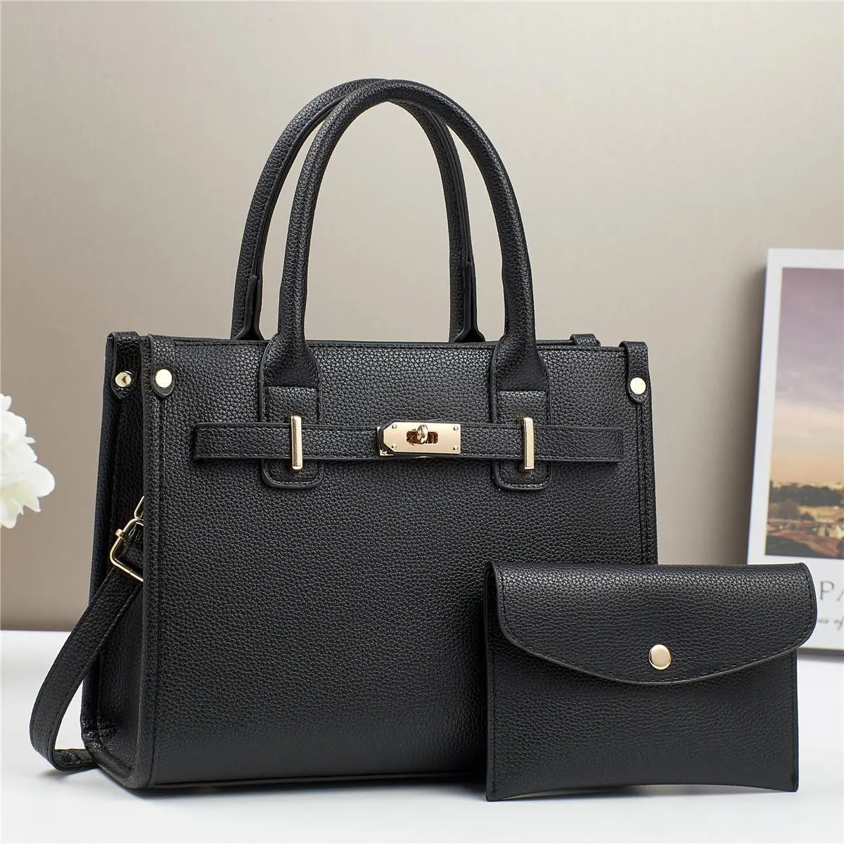 2026 Women's Fashion Casual Solid Color Large Capacity Handbag Two-piece Set, Imitation Leather Handbag, Matching Wallet and Purse, Shoulder Crossbody Bag, PU Leather quality woman, Style, Coin Purse summervibes