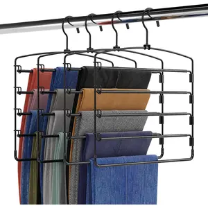 5 Tier Pants Hangers 4 Pack - Ultra Slim & Space Saving - Heavy Duty Metal Swivel Hook with Swing Arm for Clothing, Jeans, Slacks, Skirts, Leggings & Dress Pant Closet Organization