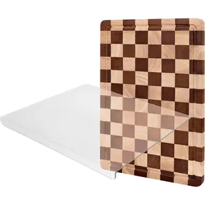 2-Piece Checkered Cutting Board Set Wood End Grain Chopping Board with Juice Groove & Acrylic Board with Counter Lip for Kitchen