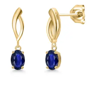 10K Yellow Gold Blue Sapphire Dangle Earrings for Women | 1.10 Cttw | Gemstone September Birthstone | Oval 6X4MM