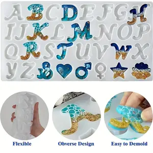1pc Alphabet Resin silicone Mold, Silicone Molds for Resin Casting DIY, 26 English letters plus 6 kinds of patterns silicone mold, bag keychain earrings pendant jewelry DIY creative handmade crafts, Alphabet Charms, suitable for novice practice production