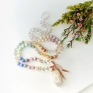 Mala Necklace with Mystic Moonstone Amethyst Aquamarine Rose Quartz Kunzite and Rainbow Aura Quartz Mala Beads, 108 Healing Crystal Mala