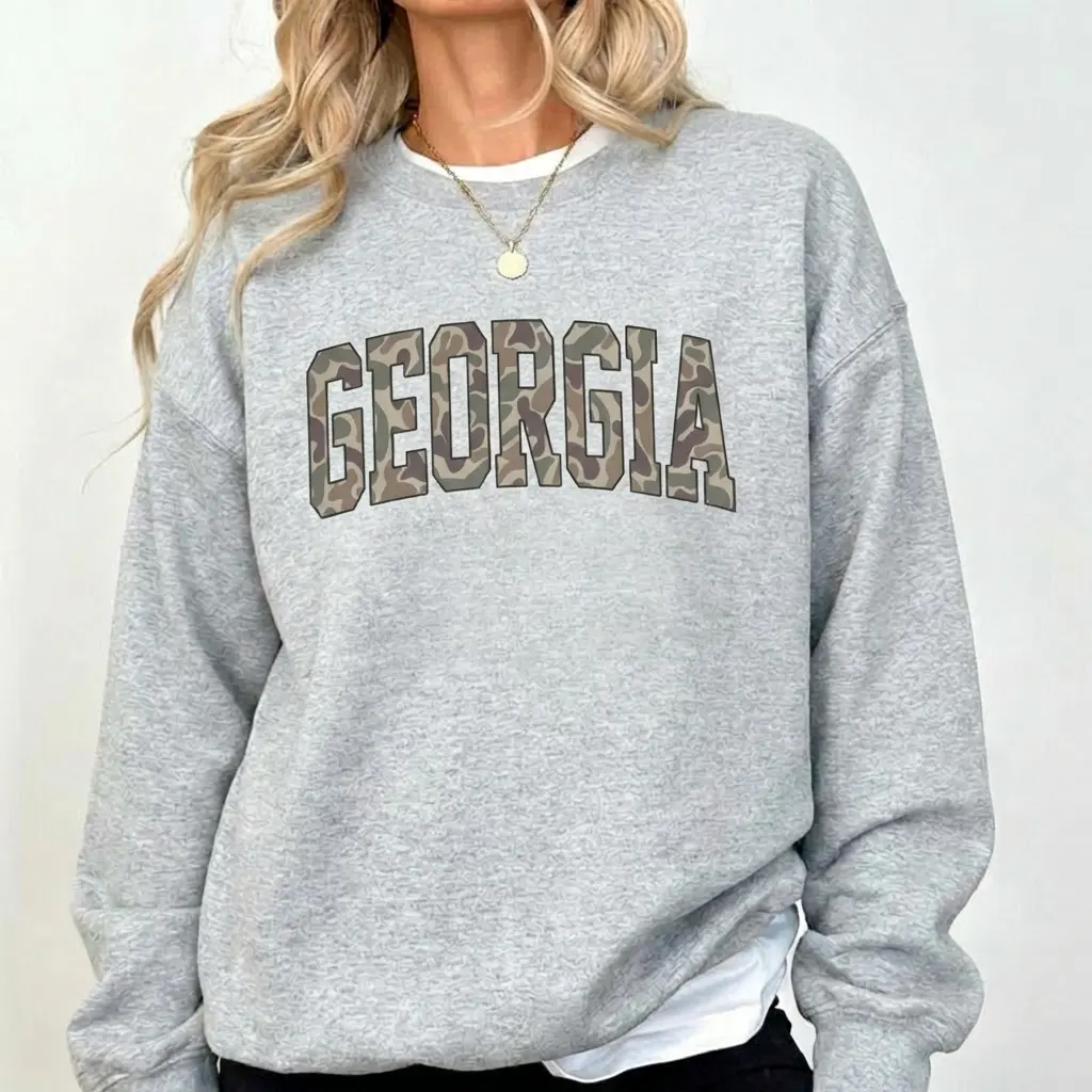 Women's Camo State Graphic Pullover Sweatshirt - College Varsity Name, Cotton Fabric, Breathable, Comfortable, Fashionable - Fits Texas, Georgia, Ohio, Florida, Alabama, Arkansas, North Carolina, South