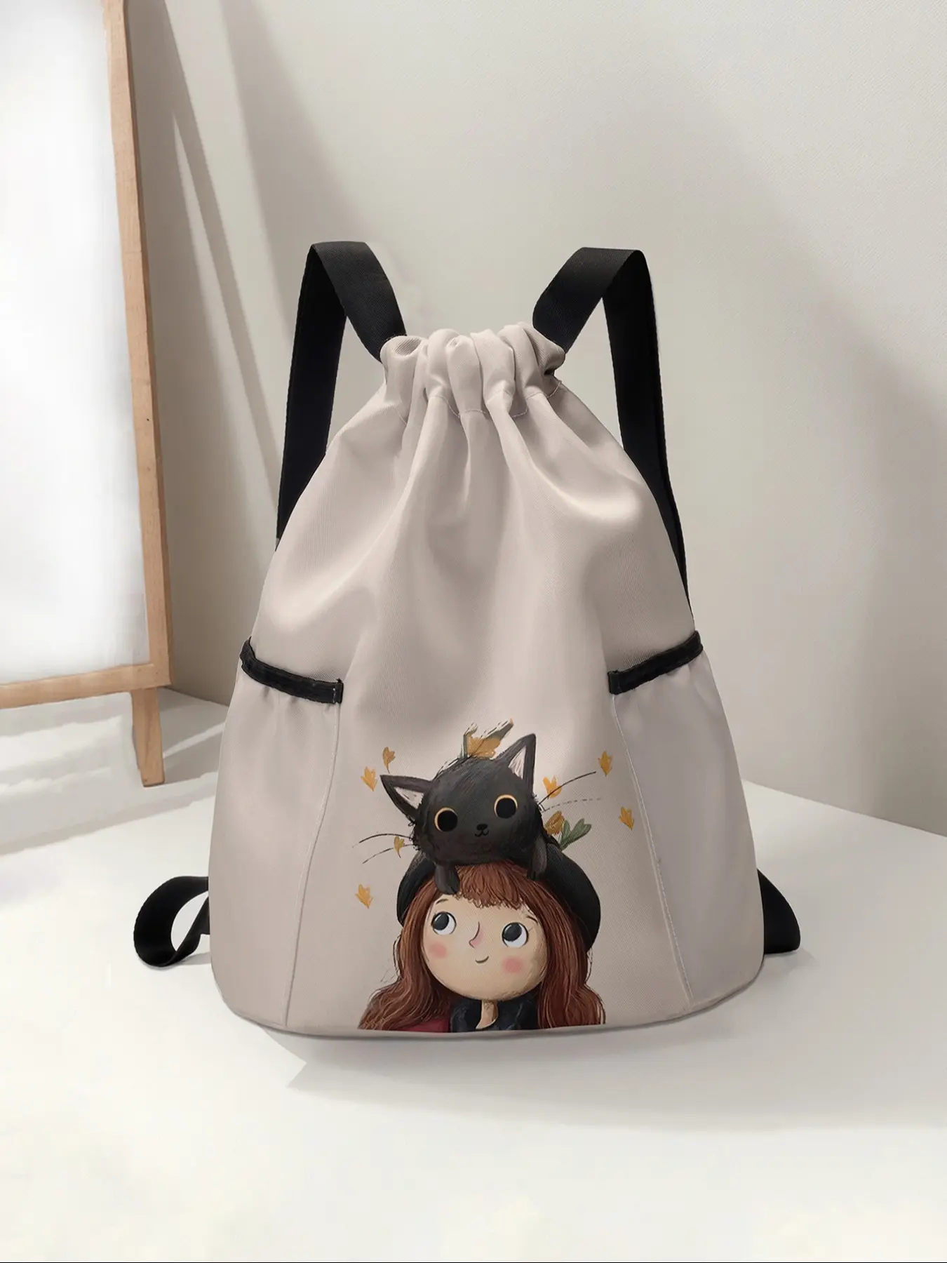 Girls' Cat Pattern Drawstring Backpack, Large Capacity Durable Gym Bag, Adjustable Straps, Sports Beach Bag, Unisex Travel Hiking Camping Essential