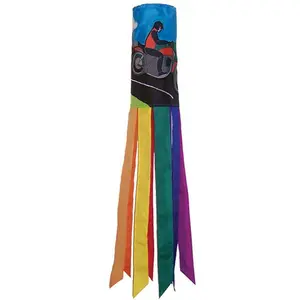 In the Breeze Motorcycle Man Windsock 40-Inch Durable Fade & Weather-Resistant Fabric with Applique Design & 8 Rainbow Tails Item #4703
