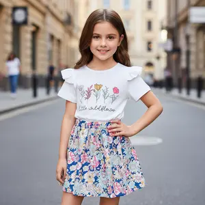 Toddler Little Girls 2-Piece Summer Outfit Set with Little Wildflower Graphic Ruffle Sleeve T-Shirt and Matching Floral Print Skirt for Ages 4-7. Sweet Floral Patterned Clothing Set for Spring Vacations, Daily School Wear, and Outdoor Garden Parties.