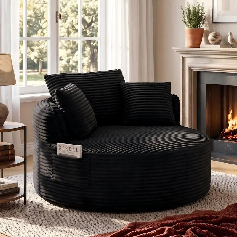 Eyisean 53.5" Oversized Round Chair Lounge Chaise Indoor, Deep Seat Circle Single Cloud Sofa Chair with Plush Corduroy, No Assembly Required, Fluffy Modern Boneless Sleeper Sofa Bed, Floor Sofa for Living Room, Bedroom