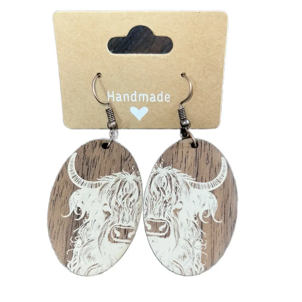Cowboy Boot and Highland Cow Wooden Earrings from Finest Quality Walnut Wood - Unique Handmade Costume Jewelry & Accessories for Western and Animal Lovers