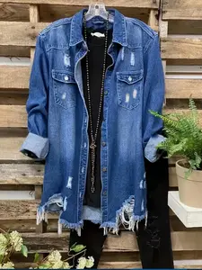 Women's Plus Size Denim Jacket Coats Long Sleeve, Classic Ripped Design, Casual Versatile Medium Length, All-Season Wear, Jeans Shirt