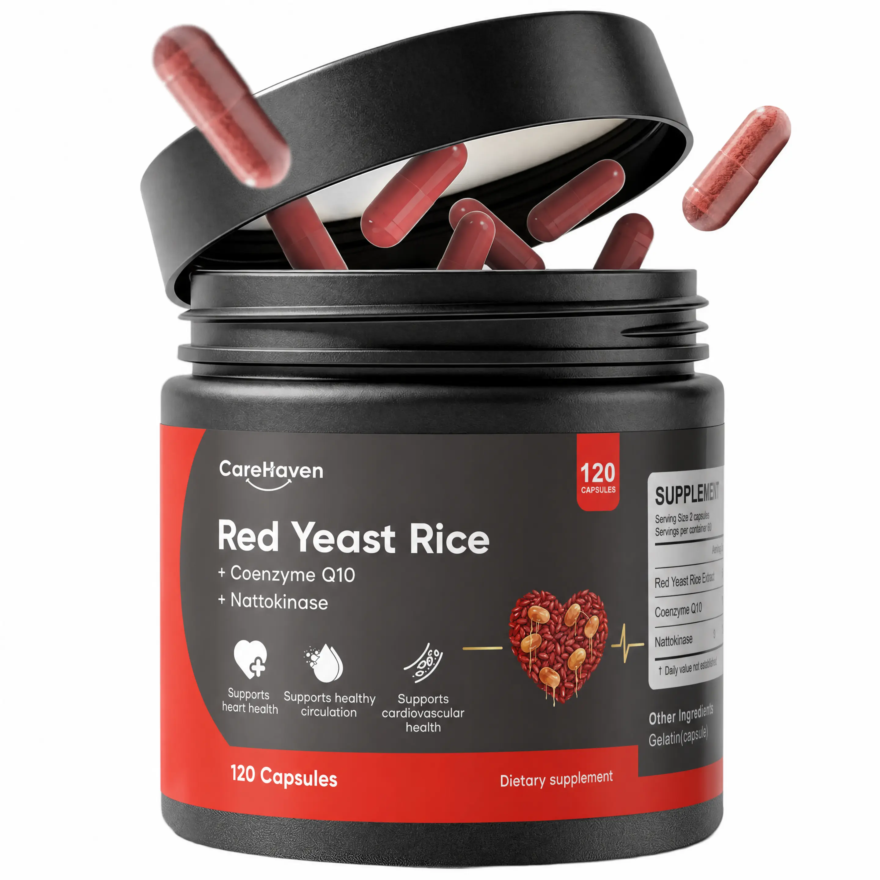 CareHaven Red Yeast Rice Natural Supplements with Nattokinase & CoQ10 - 120 Citrinin-Free Capsules, Ambient Bottle Set for Adults, CoQ10 Support, Non-Toxic Cholesterol Aid for Cardiovascular Well-Being, Natto + Coq10 Duo