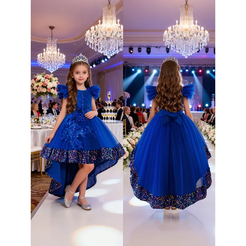 High-end Tailored Dress For Girls New Princess Style Dress Single Piece Dress With Flying Sleeves And Glittering Flower Decoration, Back With A Ribbon And A Colorful Diamond And Glittering Party Celebration