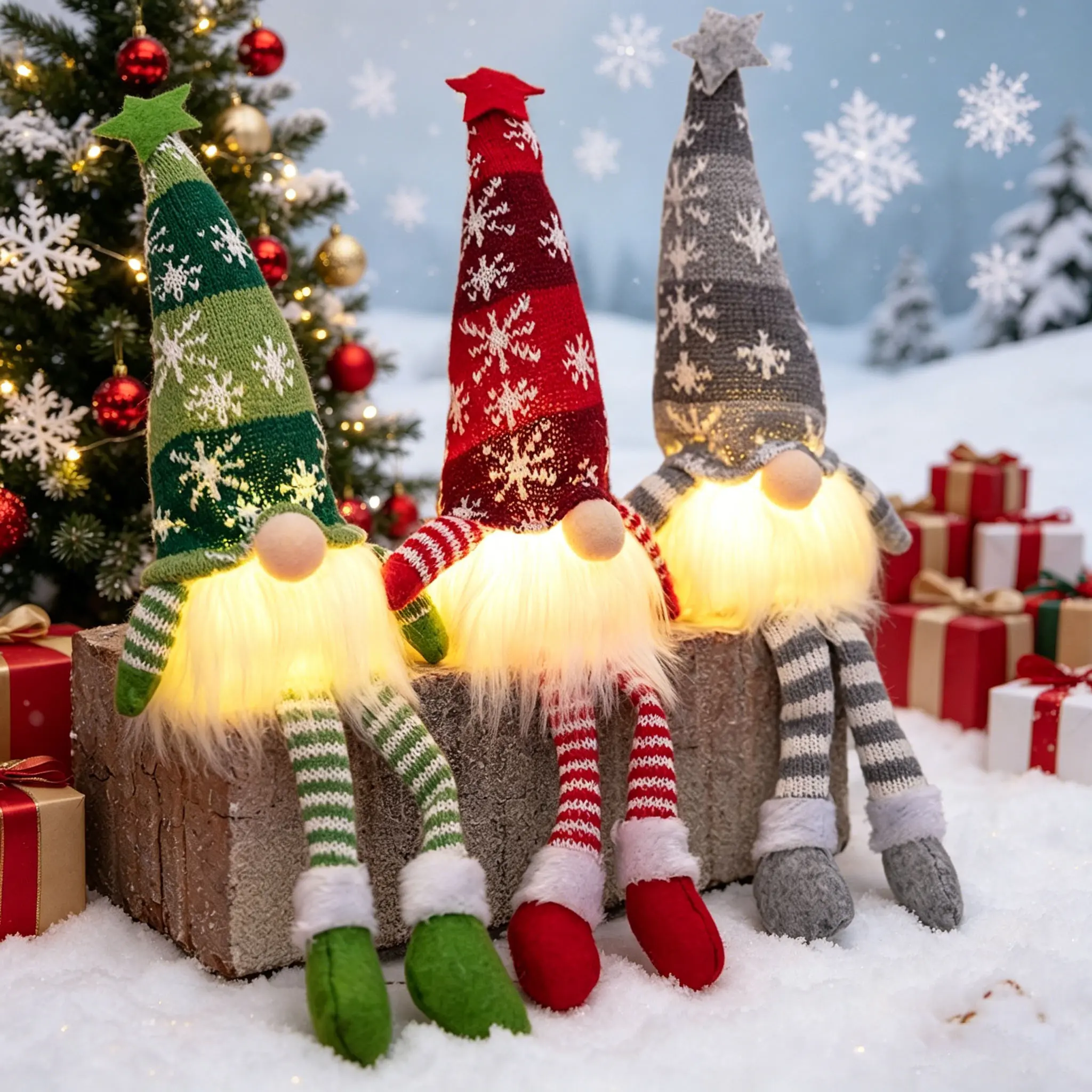 Magical Festive LED Lights Knitted Christmas Gnome Plush Ornaments - Warm Decorative Faceless Santa Gnome with Long Legs, Polyester Holiday Decor for Window, Tabletop - Specialty DIY Supplies Gift for Toys & Hobbies Enthusiasts