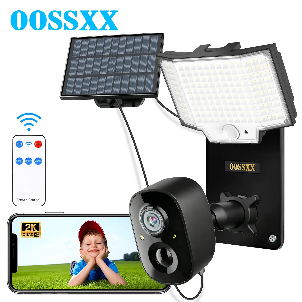 OOSSXX Solar Floodlight Security Camera Kit, 4MP Wireless Outdoor System with AI Human & Vehicle Detection, Color Night Vision, Solar Panel, Compatible with Alexa & Google Home, Home Security System, Ai Security Camera System