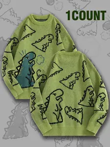 Unisex Dinosaur Pattern Sweater, Cute Knit Pullover, Loose Fit Comfortable Casual Wear, Suitable for Spring Autumn Winter, Knitwear