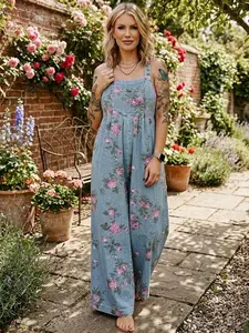Women's Floral Print Denim Jumpsuit Pleated High Waist Wide Leg Overalls with Pockets Baggy Relaxed Rompers for Casual Vacation and Comfy Daily Wear