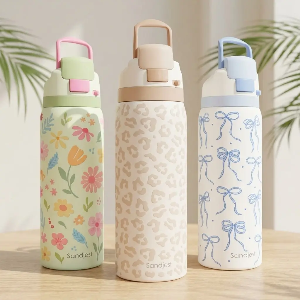 SANDJEST 32oz Stainless Steel Insulated Water Bottle with Push-Button Lid & Straw, Leakproof Hydration Tumbler, Portable Reusable, Keeps Drinks Cold & Hot, Travel Bottled Drinkware for Summer Outdoor Use