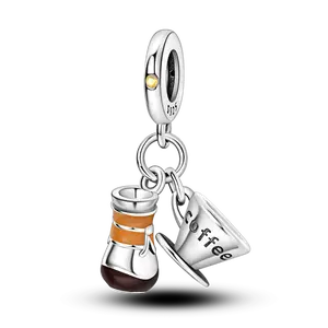 MULA 925 Sterling Silver Coffee Lover Charm with Chemex Brewer and Coffee Cup Enamel and CZ for Pandora Bracelet Barista, Best Gift for Girls and Women