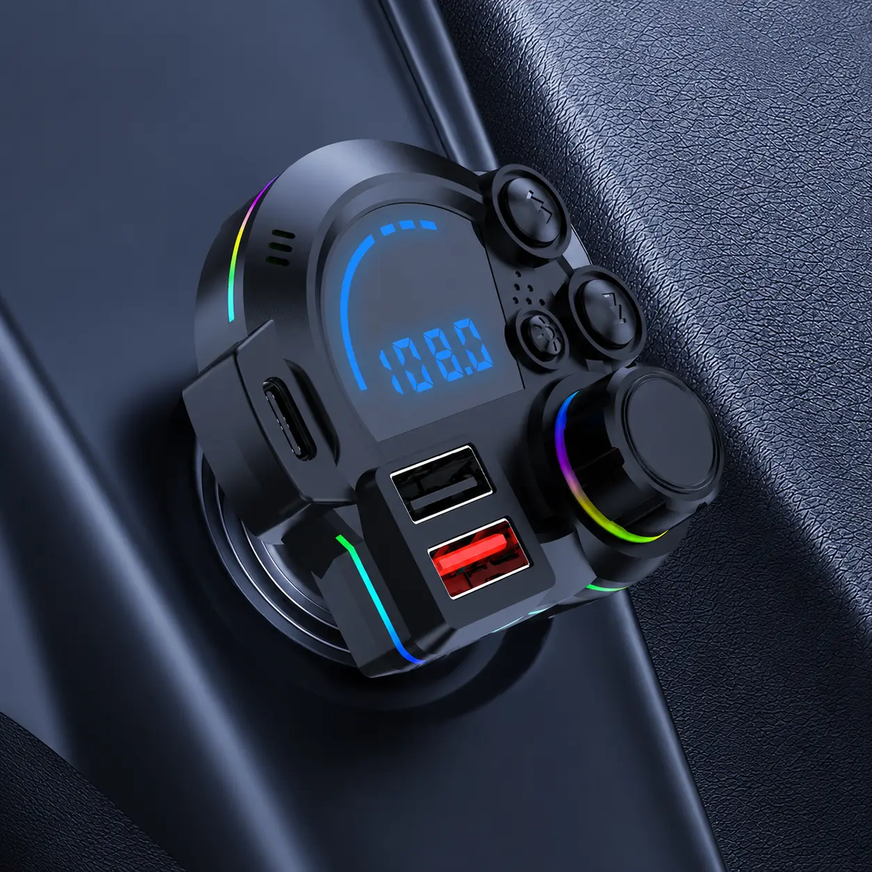 Car Bluetooth FM Transmitter Adapter, Multi-Function Car Charger Fast Charging, Wireless Audio Receiver with Hands-Free Call, Power Off Memory Play for Vehicle