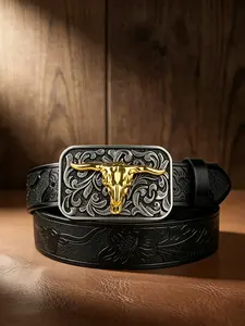 Seaweed bottom buckle, "Golden Bull Head" embossed decorative alloy western buckle belt, 3.7cm/1.46in wide personalized sports belt, suitable for Halloween and Valentine's Day.