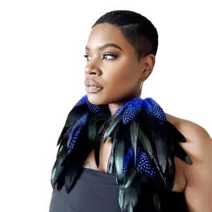 Feather Earrings, Blue Schlappen and Blue Dotted Guinea Long Dangle Feather Earrings