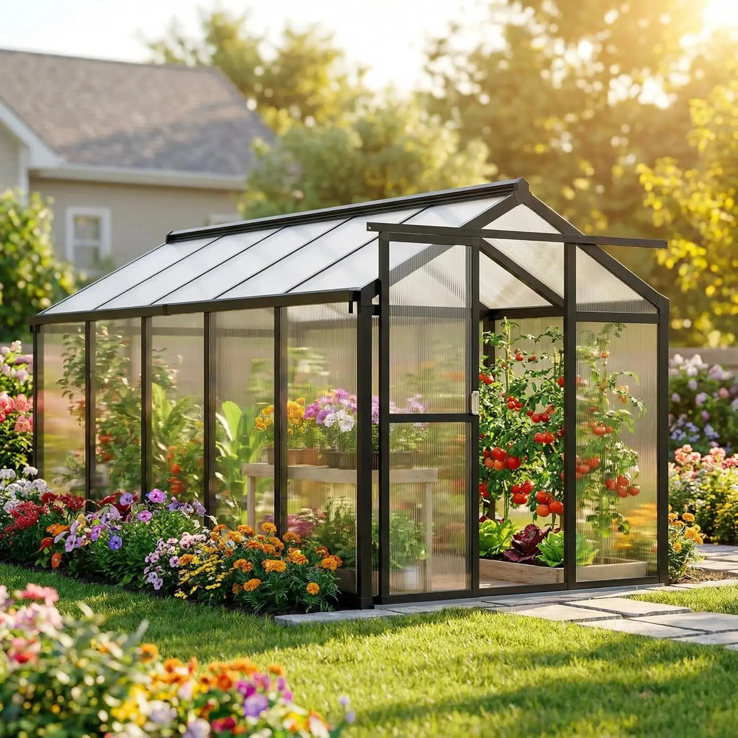 6X8/10 FT Greenhouse, Walk-in Greenhouse Kit with Aluminum Frame, Polycarbonate Panels, Sliding Door, Adjustable Roof Vent for Outside Garden, Patio, Backyard, Walk-In Kit