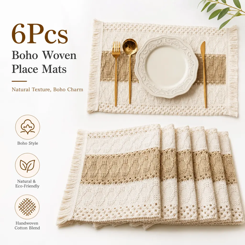6-Piece Square Burlap Placemats & Coasters Tableware - Handmade Hand-Woven Craft, Boho Macrame Vibe Natural Cotton Kitchen Decor with Hollow Stripes, Rustic Dining Accents That Holds Bowls & Plates