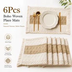 Boho Placemats Set of 6 – Macrame Table Decor, Farmhouse Style Natural Cotton Burlap Placemats for Kitchen & Dining Table Centerpiece – Rustic Home Decorations