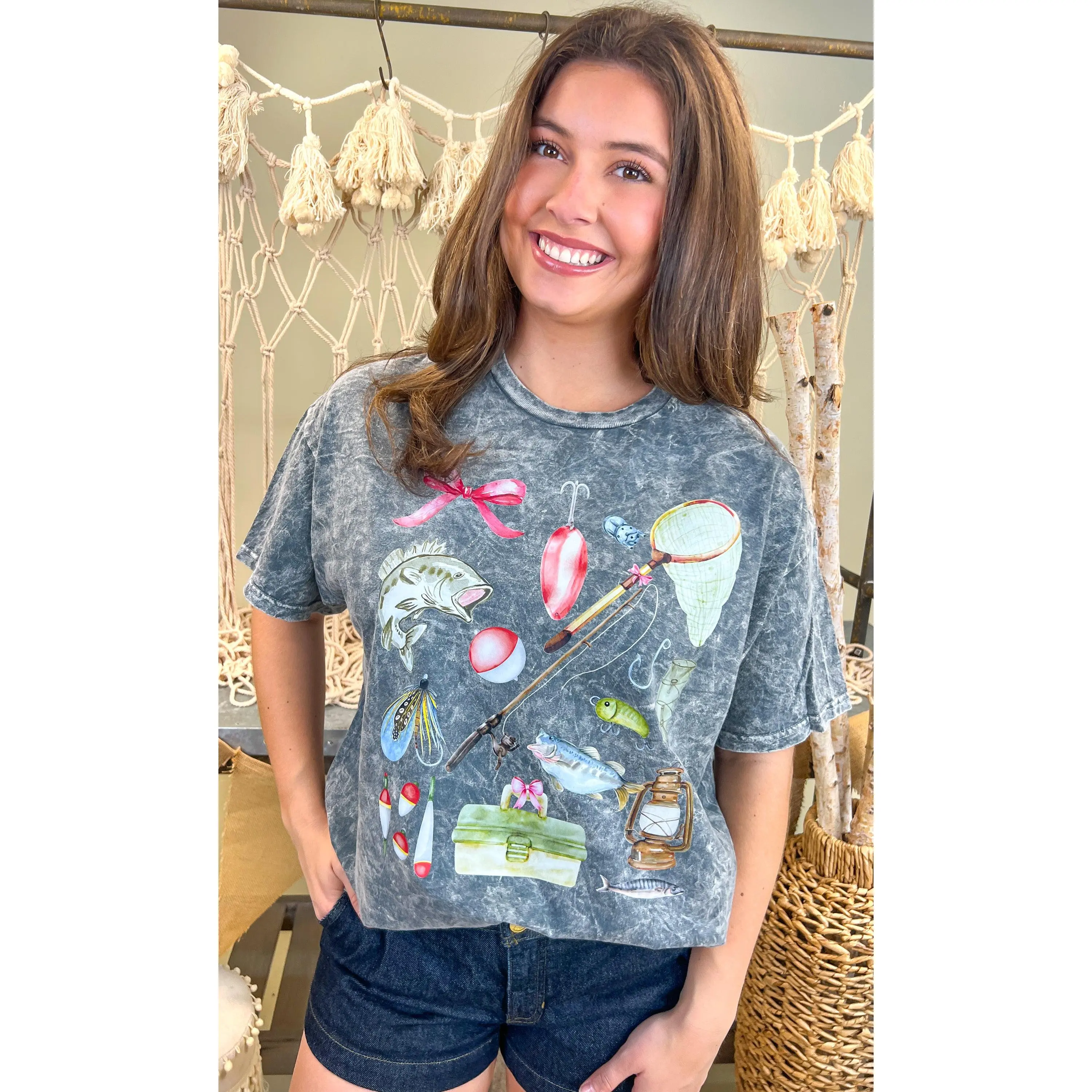Tees2urdoor Women's Mineral Washed Graphic Tee, Short-Sleeve 100% Cotton Casual Top with a Girly Fishing and Ribbon Design, Shortsleeve, Shirt, Valentines Day