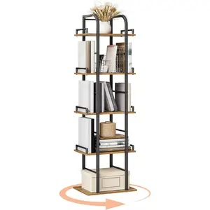 5 Tier Rotating Bookshelf, Freestanding Corner Bookshelf, 360 Spinning Bookcase Tower, Tall Industrial Style Organizer, Storage Shelf Bookcase for Living Room, Study, Rustic Brown SJ02BR
