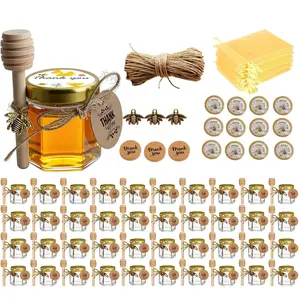 40 Pack Mini Honey jars-1.5oz,Hexagon honey jars with dipper,gold cover,bee pendant,Gold Gift Bags,rope,Thank-You Tags,Glass Honey jars with lids,Baby Shower,Wedding Favors,Party Favors