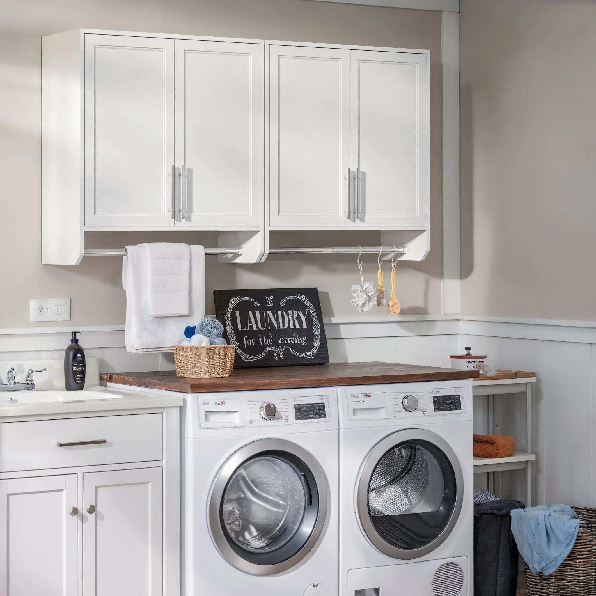 Wall Mounted Storage Cabinet with Towel Bar, White Shaker 2-Door Utility Cabinet with Adjustable Shelf for Laundry Room, Bathroom & Kitchen deskmakeover