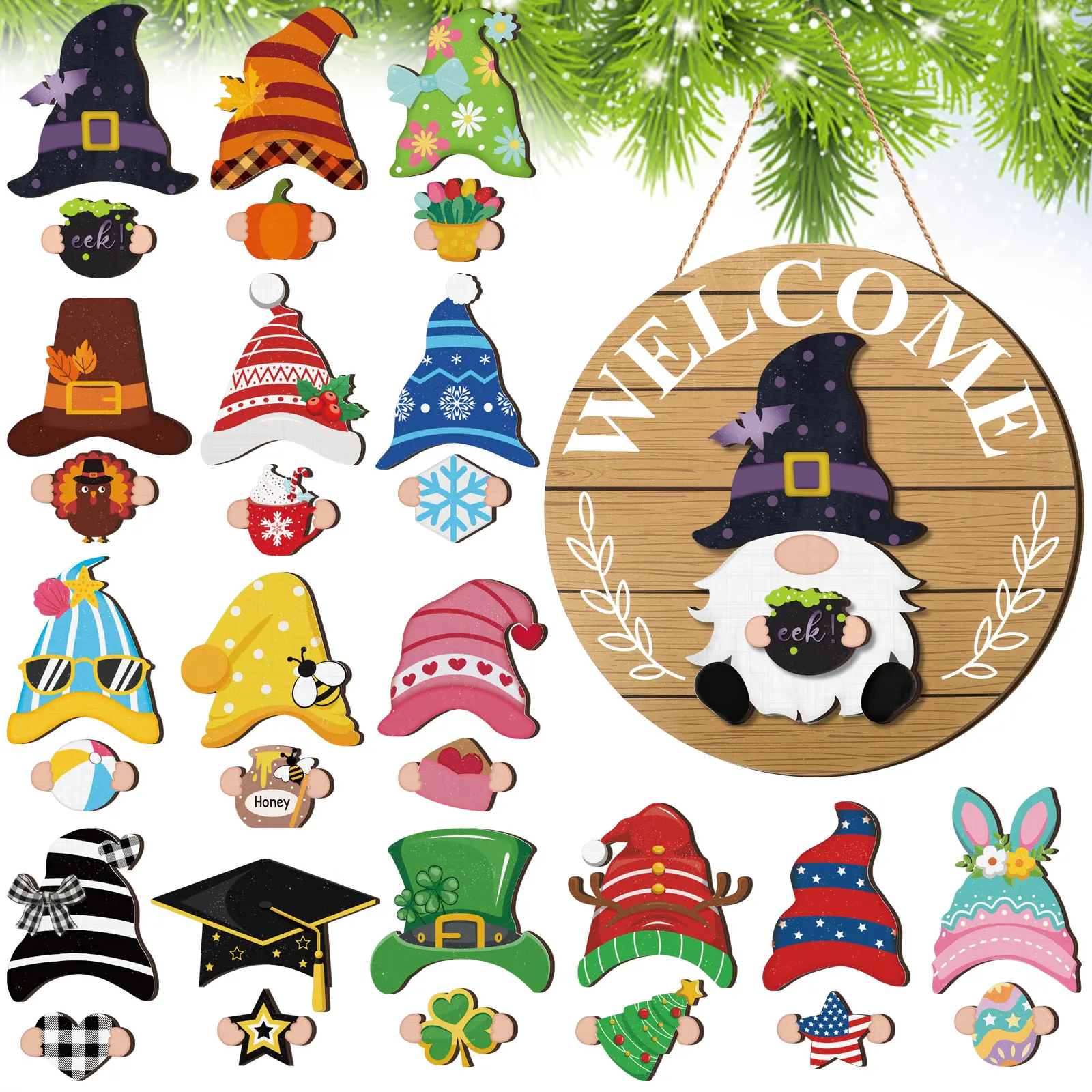Gejoy Interchangeable Gnome Decor Halloween Welcome Sign Wooden Gnome Sign With Detachable Gnome Hats Magnet Wall Hanging For Home Door Graden Porch Summer Halloween Party, Holiday Gnomes For All Season, Housewarming Gift