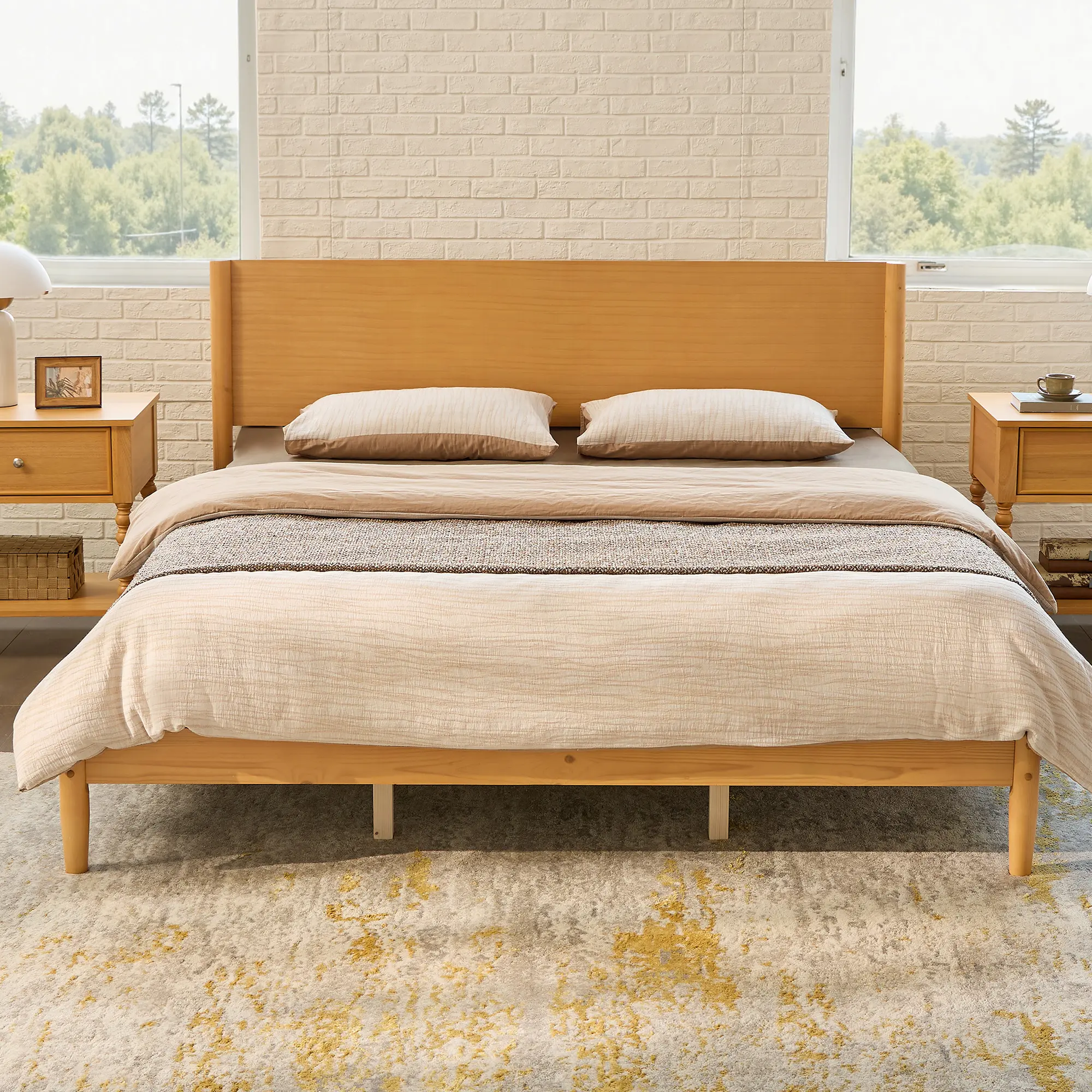 AMERLIFE Solid Wood Bed Frame, Mid Century Modern Platform Bed with Full Panel Headboard, Noise-Free & Cylindrical Legs, No Box Spring Needed, Under-Bed Storage[tiktokshopbacktoschool][SohoChic]