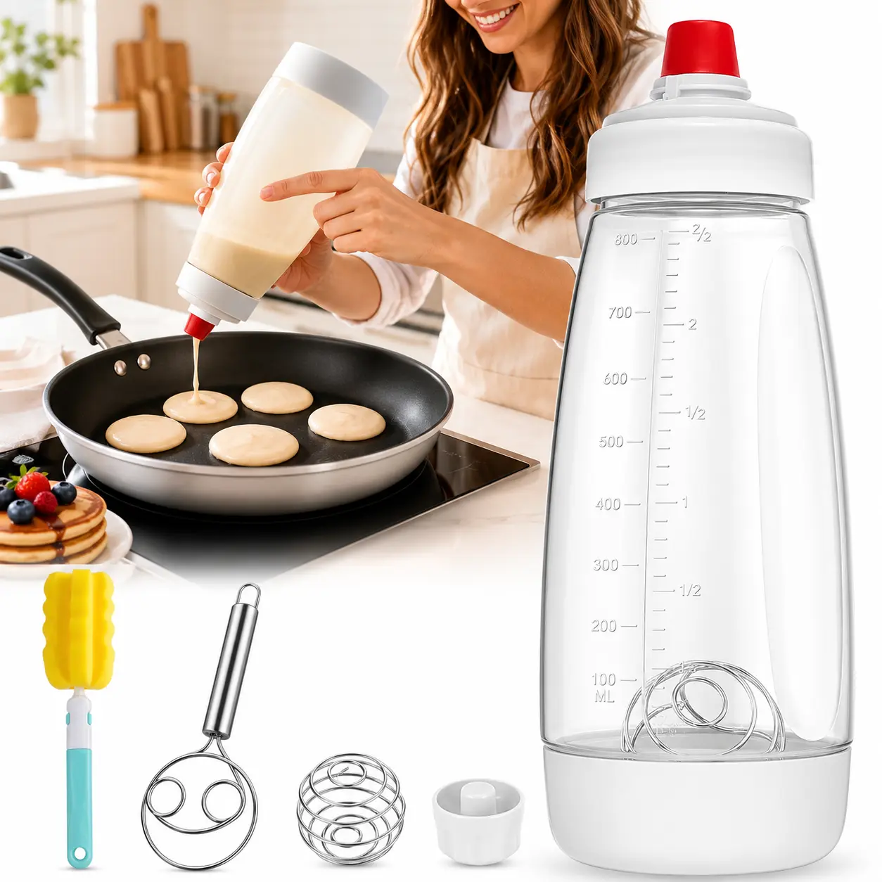 Pancake Batter Dispenser Bottle Kit - 4.5-Cup Pancakes Mixer with Shaker Ball Stainless Steel Whisk and Brush,Squeeze Bottles for Cupcake Muffin Waffle Crepe