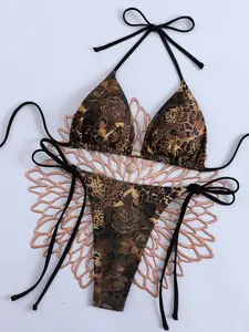 Cheetah Print Halter Neck Design Bikini Set, Sexy Triangle Cup Strappy Swimsuit, European Style Beachwear Two-Piece, Wild Cheetah Print Swimwear, Halter Bikinis Set