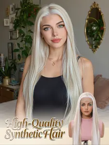 30" Platinum Blonde with White Streak Straight Wig | 13x4 HD Lace Front Heat Resistant Premium Synthetic Hair Wig for Daily Wear Lace Frontal Wigs