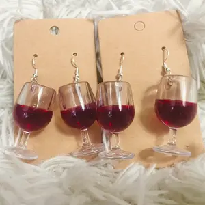 Red wine glass cup hook earrings