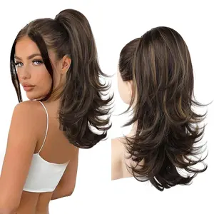 Ponytail Extension for Women 18 Inch Layered Wavy Synthetic Hairpiece Brown with Blonde Highlights Drawstring Design Heat Resistant Fiber Easy Care