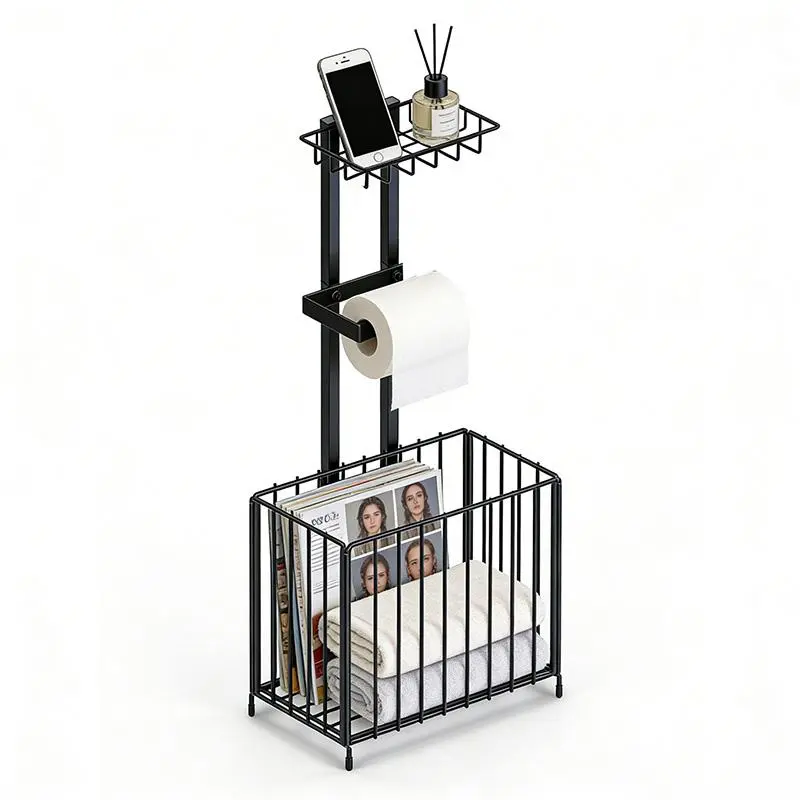 Magazine Storage Basket With Towel Bar, 3-Tier Metal Magazine Rack, No Drill Wall Mount/Free Standing Organizer For Books, Magazines & Bathroom Supplies, Black Hangers