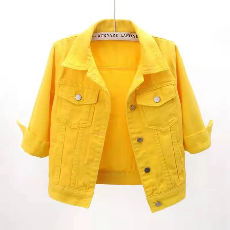 Spring and summer Korean style slim-fitting colorful mid-sleeve denim jacket women's short three-quarter sleeve jacket waistcoat shawl shoulder top