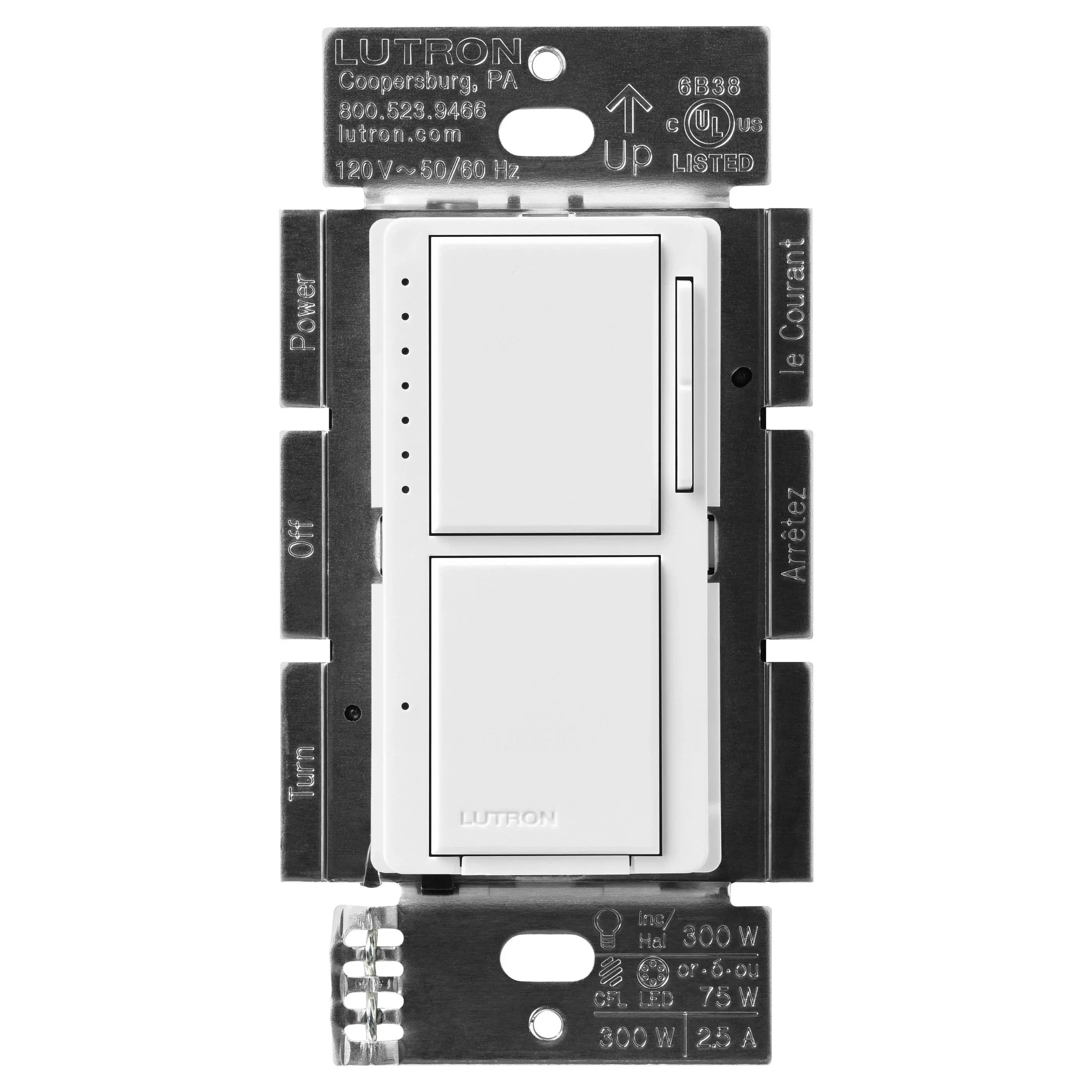 Lutron Maestro LED+ Dual Dimmer/Switch, 75W, Dimmable, White, MACL-L3S25-WH