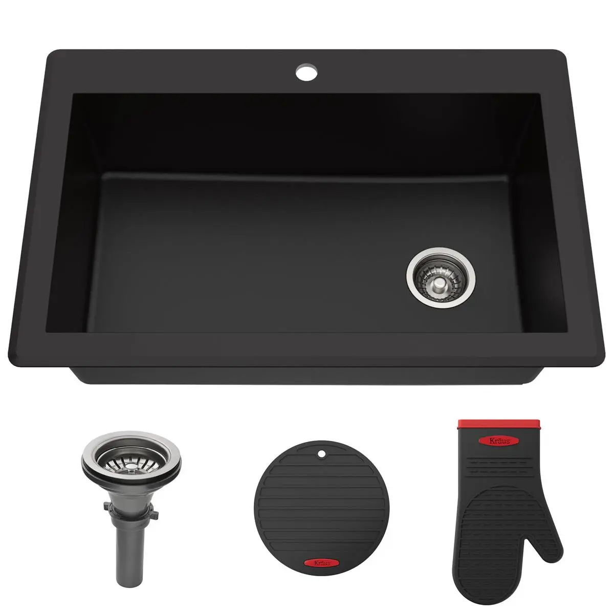 212 MAIN Kraus Forteza KGD-54BLACK Granite Composite Kitchen Sink, 33" L x 22" W x 9.625" D Rectangular, Drop-In/Under Dual Mount, Single Bowl, Heat-Safe, Stain-Proof, Durable Black