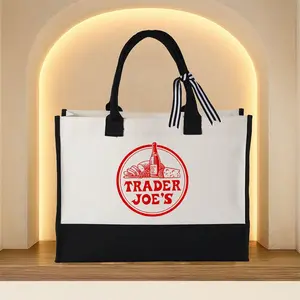 1pc Trader Joe's Tote Bag - Official Grocery Store Design with Iconic Logo & Trader Joe's Lettering, Durable Casual Handbag for Work, Travel, Everyday Use - White with Black Trim & Sturdy Black Strap, Hand Washable (Ideal for Shopping & Errands) - Perfec