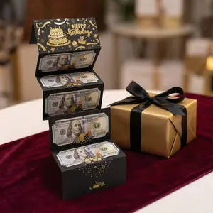 Black Gold Glitter Birthday Money Holder Card, 6 Secure Pockets US Dollars Cash Gift Envelope, Creative Surprise Office Stationery for Men, Unique Birthday Party Decor Present