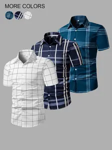 Men's Random Plaid Print Short Sleeve Shirt, Casual Regular Fit Button Collar Top for Summer, Men's Clothes for Daily Wear, Casual Button Down