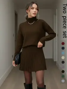 Women's Fashion Sweater Set, Aesthetic Elegant High Neck Fitted Knit Top & Short Skirt, Casual Commuter, Daily Wear Clothing